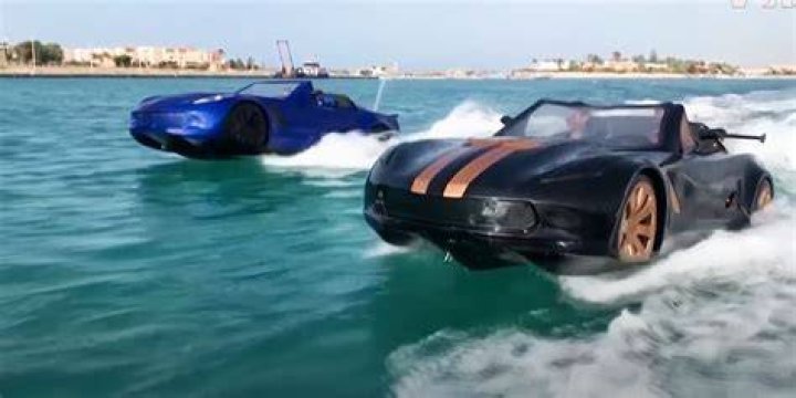 A Corvette-shaped jetski drives through the waters near Dubai