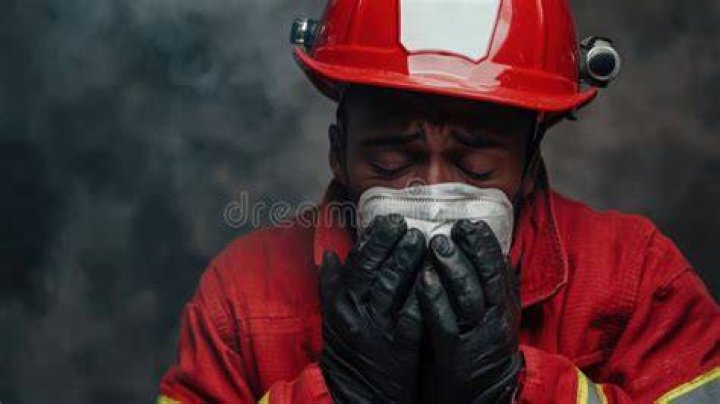 A firefighter covers himself from flying embers while fighting the Creek Fire, Sunday