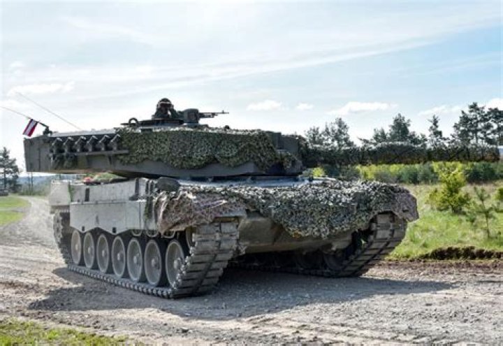 A Leopard 2E main battle tank of the Spanish armed forces takes part in the Nato military exercises