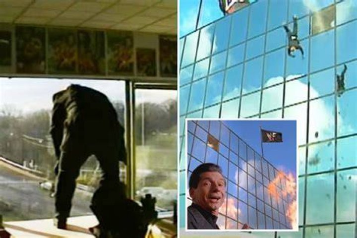  A stuntman flings himself from WWE's Titan Towers HQ onto a huge crash mat