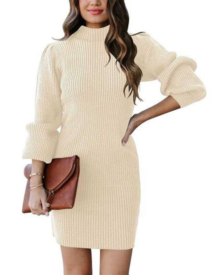 ANRABESS Sweater Dress for Women 2023 Fall Trendy Long Sleeve Crew Neck A Line Midi Tie Waist Ribed Knit Elegant Swing Bodycon Skater Mini Dress for Wedding Guest 669mibai-S White