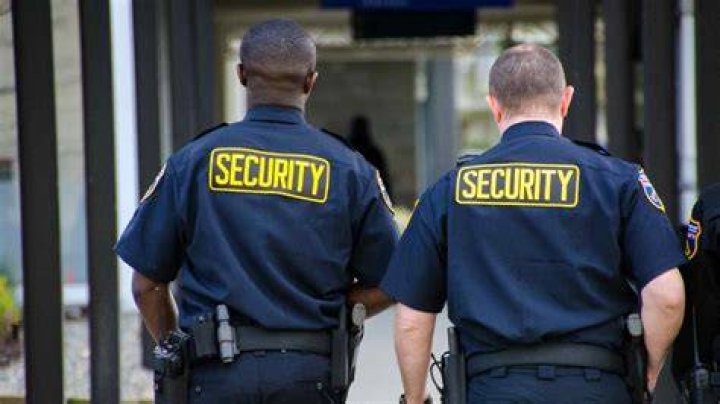 Armed security staff are seen on the clip