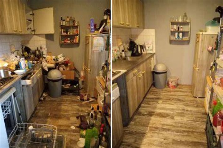 Before they started cleaning the marks on the wall where the pictures had been hung were clearly visible