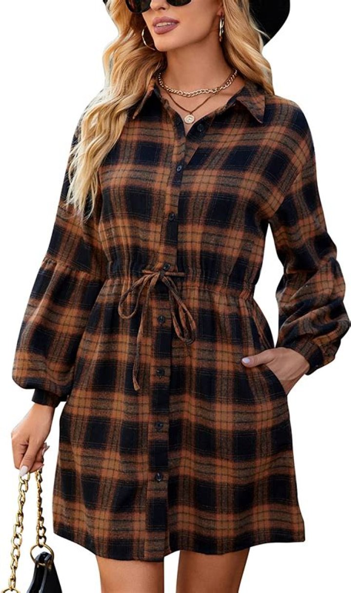 Blooming Jelly Womens Plaid Dress Flannel Puff Sleeve Button Down Shirt Dress Fall Long Sleeve Dresses Mini Dress(Medium,Brown Plaid)