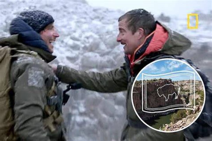 Bradley with Bear Grylls, who set him challenges in the canyons of the Wyoming Basin