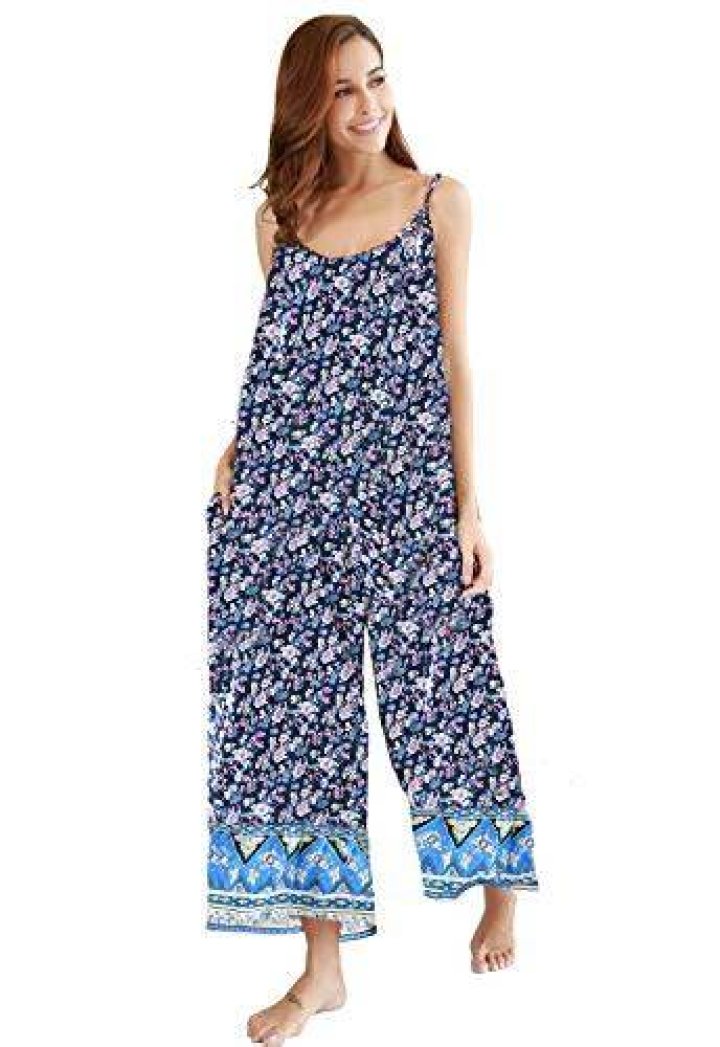 BUENOS NINOS Women's V Neck Floral Boho Printed Adjustable Spaghetti Strap Jumpsuit (Red Jumpsuit)