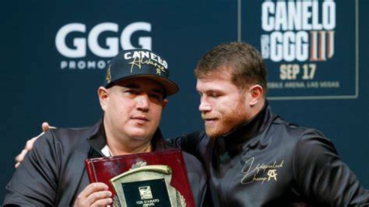 Canelo Alvarez pictured with Eddie Hearn and Billy Joe Saunders