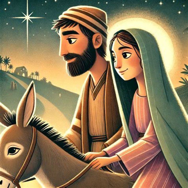 Children depict Mary and Joseph cradling the baby Jesus in Nativity scene