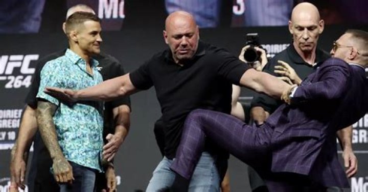 Conor McGregor kicks out at Dustin Poirier in a fiery press conference this week