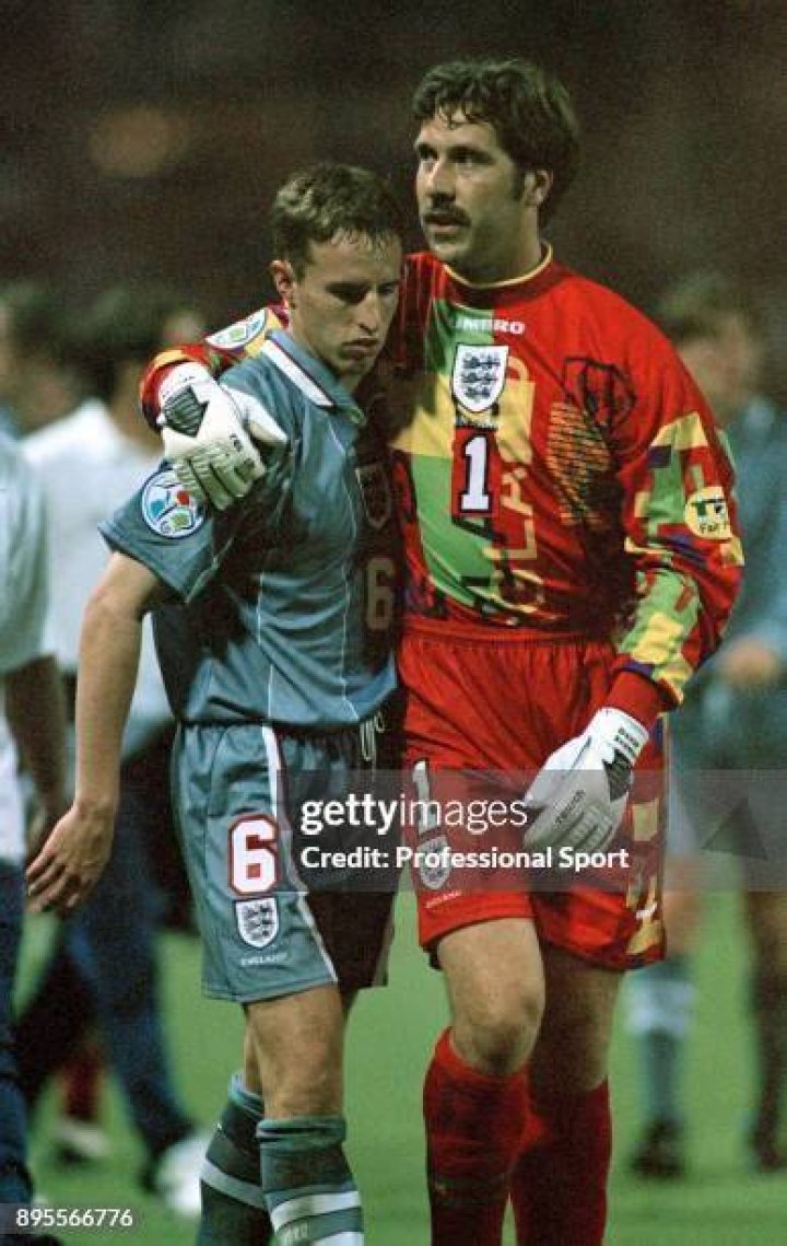 David Seaman consoles Gareth Southgate after the UEFA Euro 96 Semi Final between Germany and England at Wembley Stadium on June 26, 1996