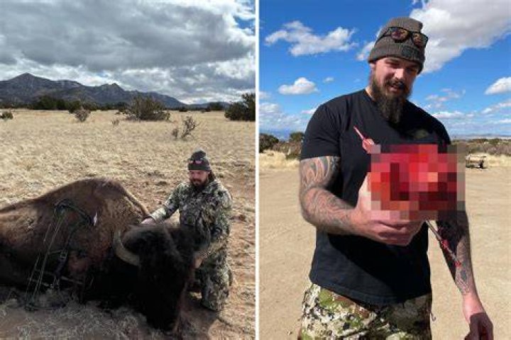 Derek Wolfe has caused outrage after posing with a dead buffalo he killed using arrows