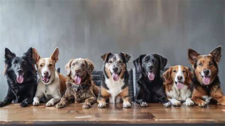 Dogs are pictured sitting around a table and looking up in dismay