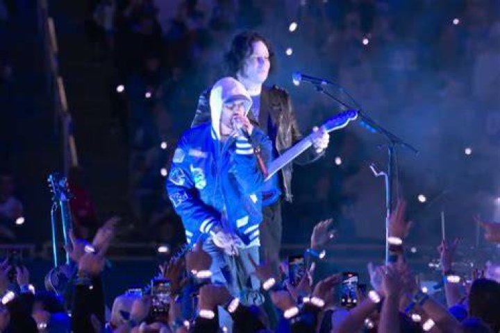 Eminem performing during the halftime show of Super Bowl LVI at SoFi Stadium