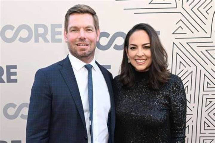 Eric Swalwell and Brittany Watts are seen on February 07, 2020 in Los Angeles