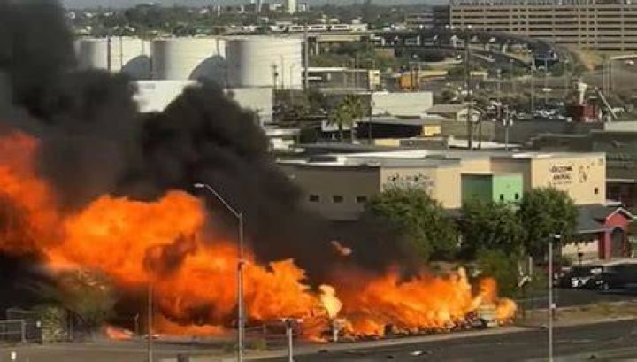 Exploding propane tanks were launched over 500 yards into the air during the raging fire