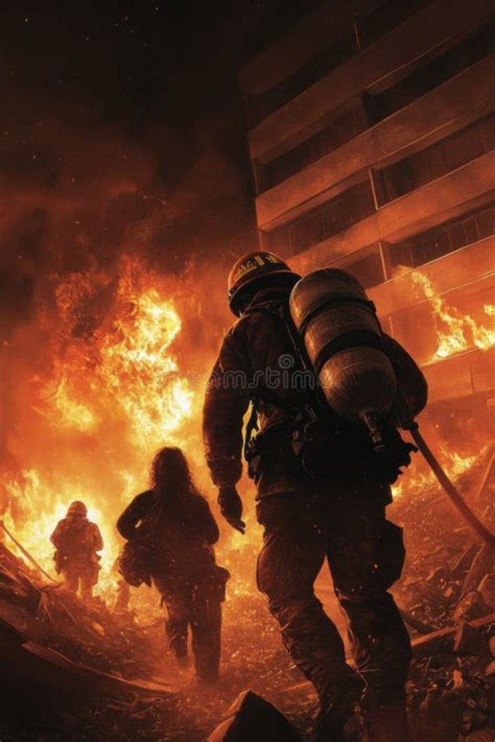 Firefighters look at flames raging from uncontrolled wildfires in Oak Glen, California