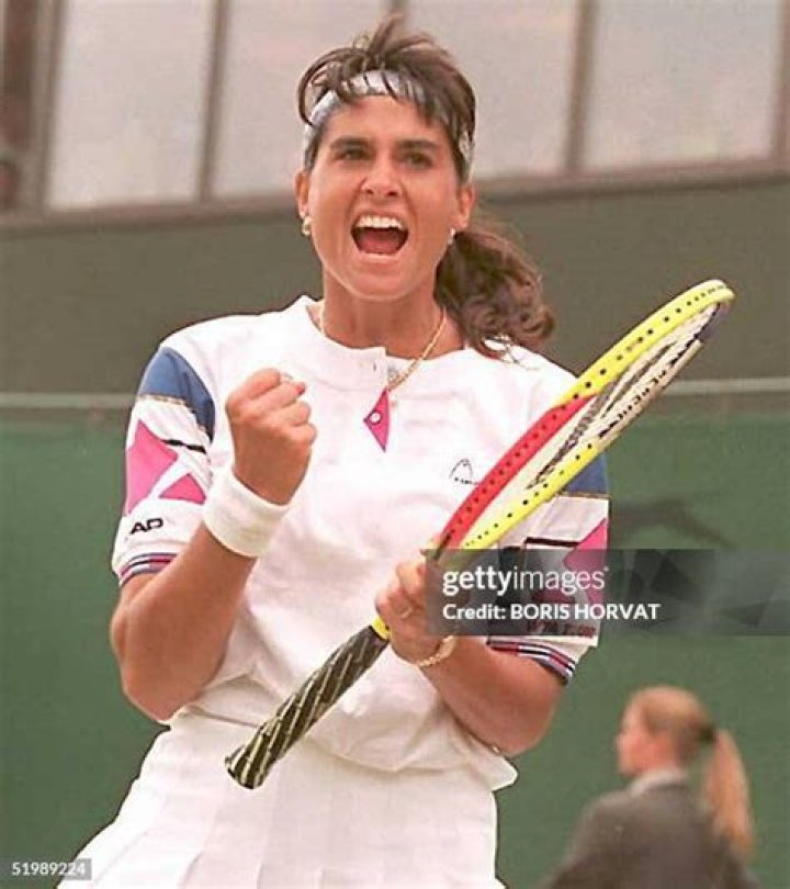 Gabriela Sabatini celebrates a win at Wimbledon in 1995