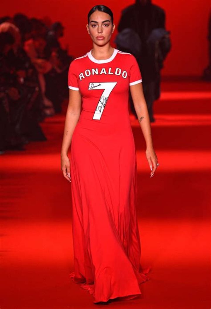Georgina wears a creation by designer Guram Gvasalia