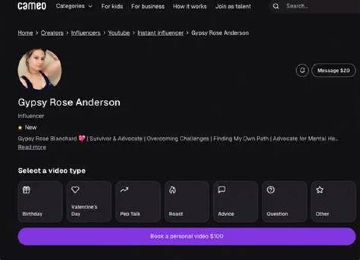 Gypsy is now charging $20 for messages and $100 for videos