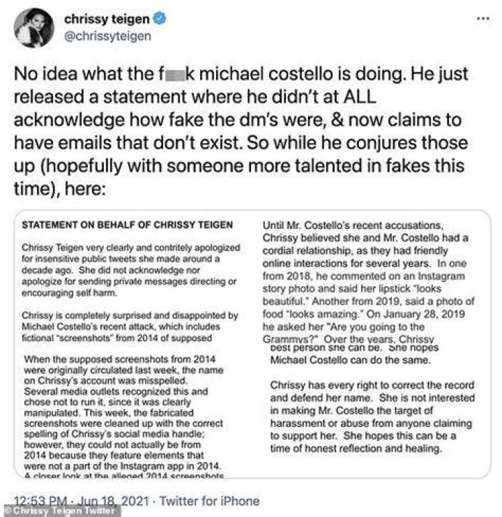He claimed Chrissy refused to hear his side of the story