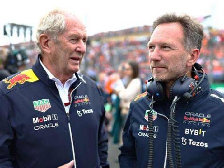 Horner and Marko with their two drivers 3-time champ Max Verstappen and Sergio Perez