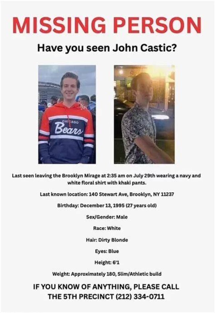 John Castic, 27, went missing on Sunday morning after leaving the Brooklyn Mirage
