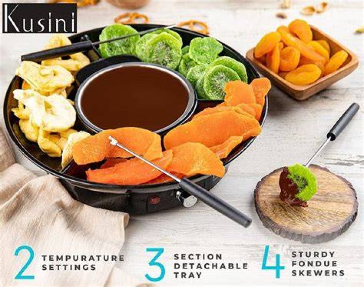 Kusini Electric Fondue Pot Set - Chocolate Fondue Kit - Temperature Control, Detachable Serving Trays, & 4 Roasting Forks - Gift Set & Date Night Idea. Serve at Movie Night or Game Night.