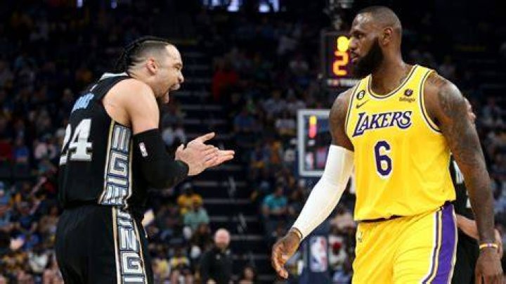 LeBron James and Dillon Brooks before Game Three of the Western Conference First Round Playoffs in Los Angeles, California, on April 22, 2023
