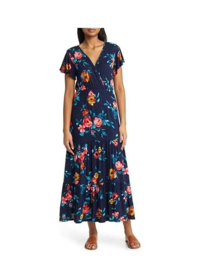 Loveappella Tiered Faux Wrap Knit Maxi Dress in Black at Nordstrom, Size Small