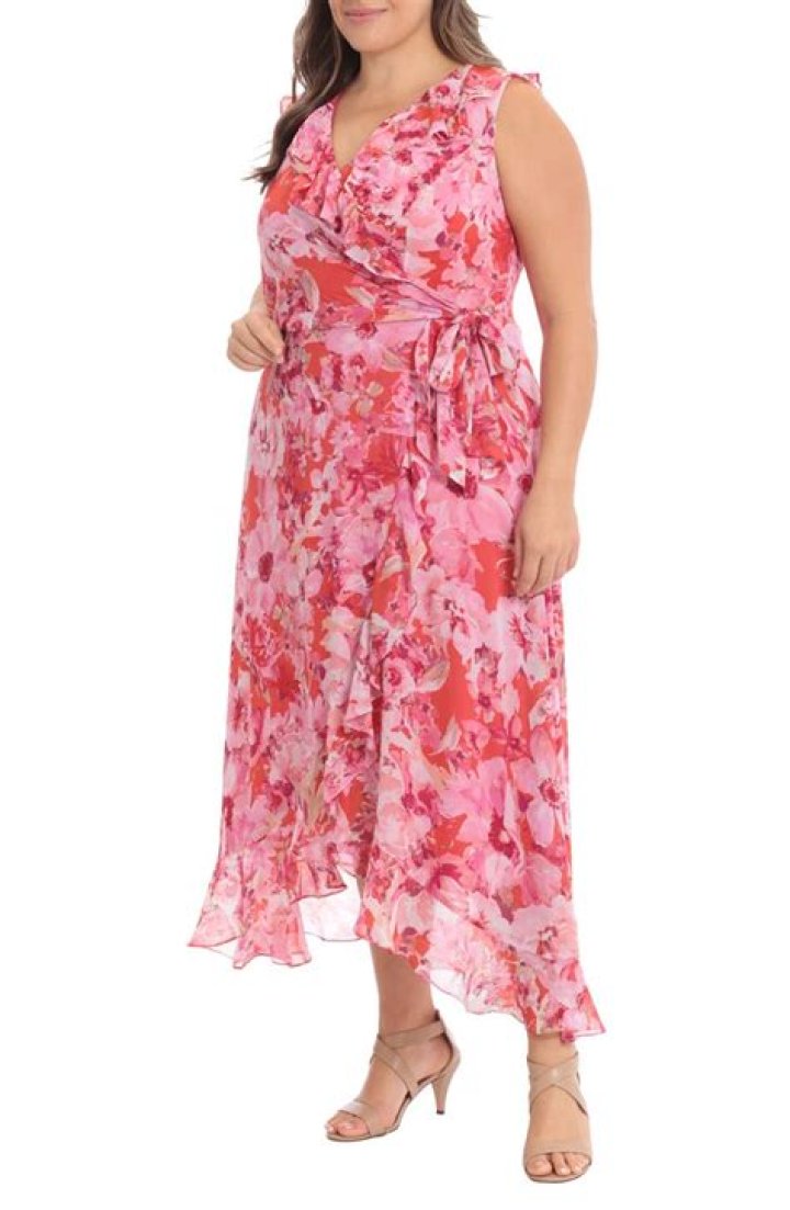 Maggy London Floral Ruffle Sleeveless Faux Wrap Maxi Dress in Coral Pink at Nordstrom, Size 0