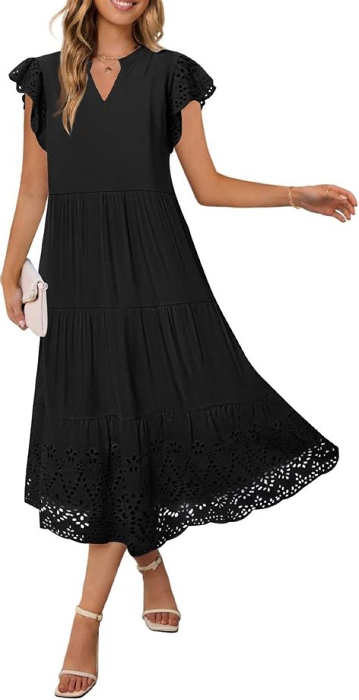 MEROKEETY Women's Flutter Sleeve Smocked Midi Dress V Neck Casual Tiered Dresses with Pockets, ArmyGreen, M