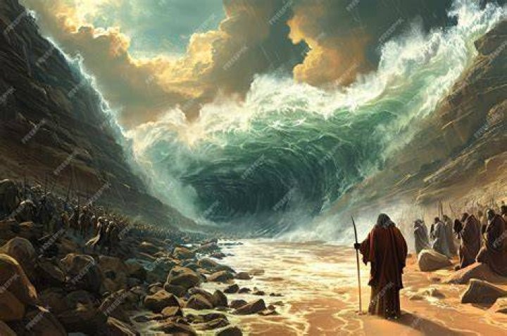 Moses parts the Red Sea and guides the Israelites across with the Pharoh's army in pursuit