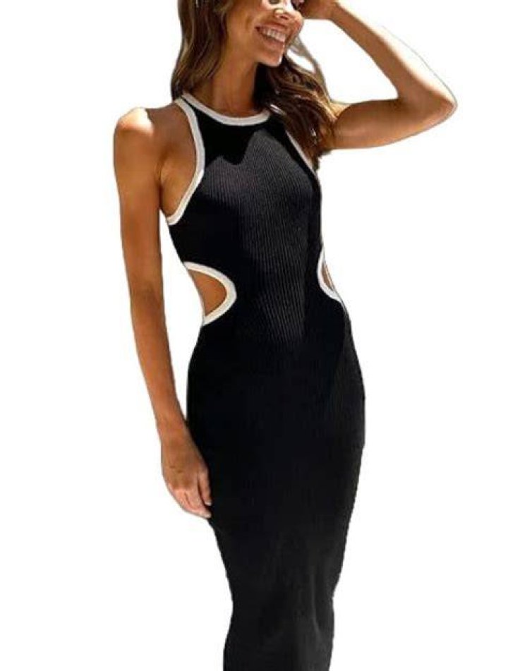 NauLon Womens Sexy Cut Out Waist Open Back Bodycon Dress Ankle Length Ribbed Party Club Midi Dresses (as1, Alpha, m, Regular, Regular, Black, M)