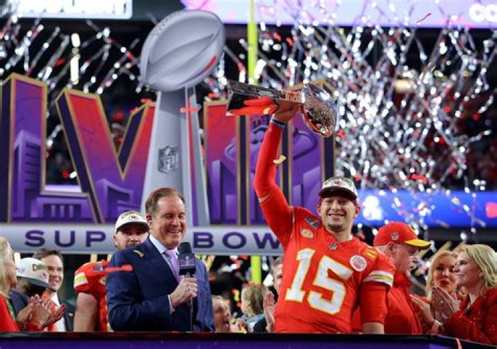 Patrick Mahomes celebrates his third Super Bowl win in five years