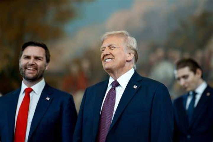 President Donald Trump and Vice President Mike Pence greet Senate Sergeant-at-Arms Michael Stenger