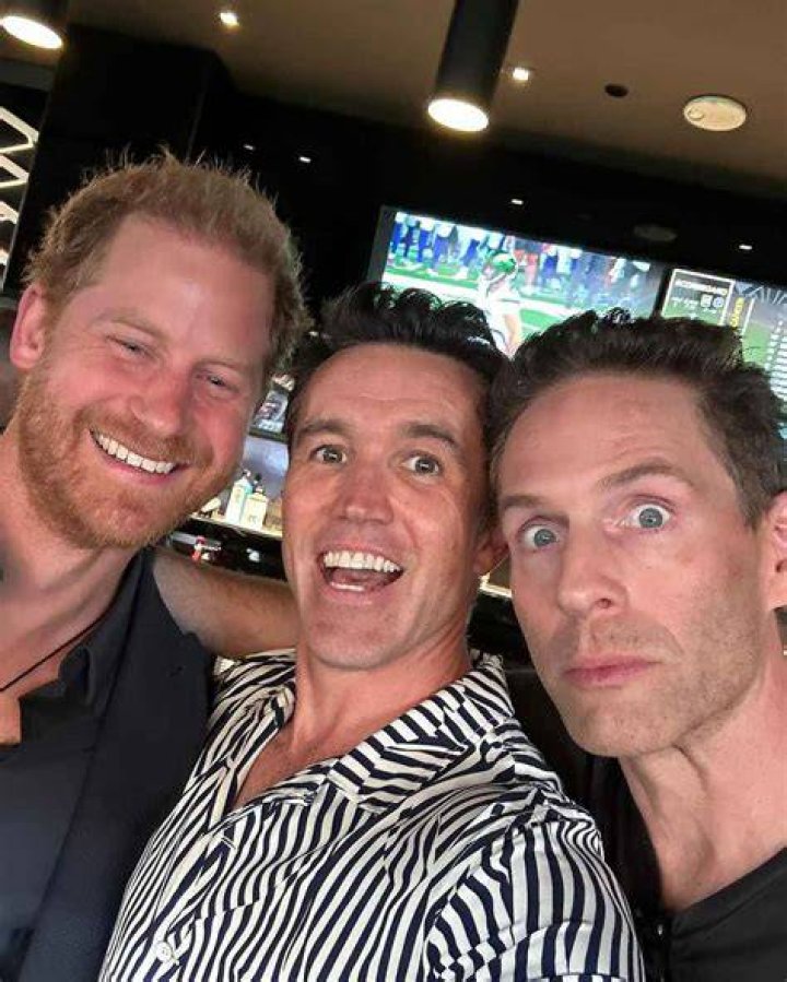 Prince Harry, Rob McElhenney and Glenn Howerton posed for a photo at BMO Stadium in Los Angeles in September