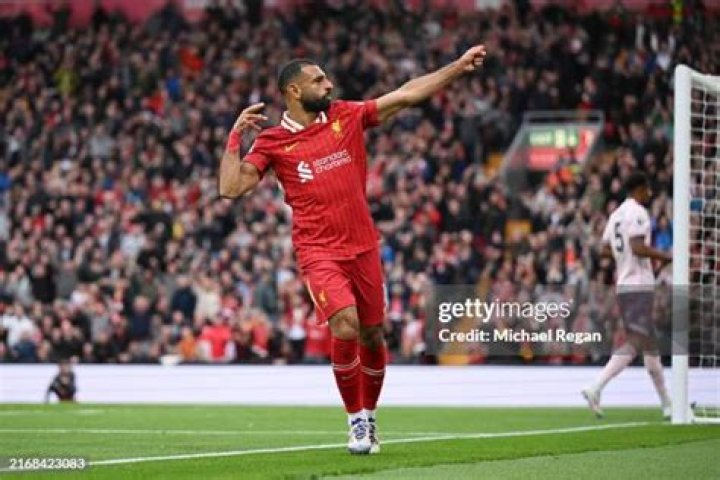 Salah celebrating his second goal of the match.