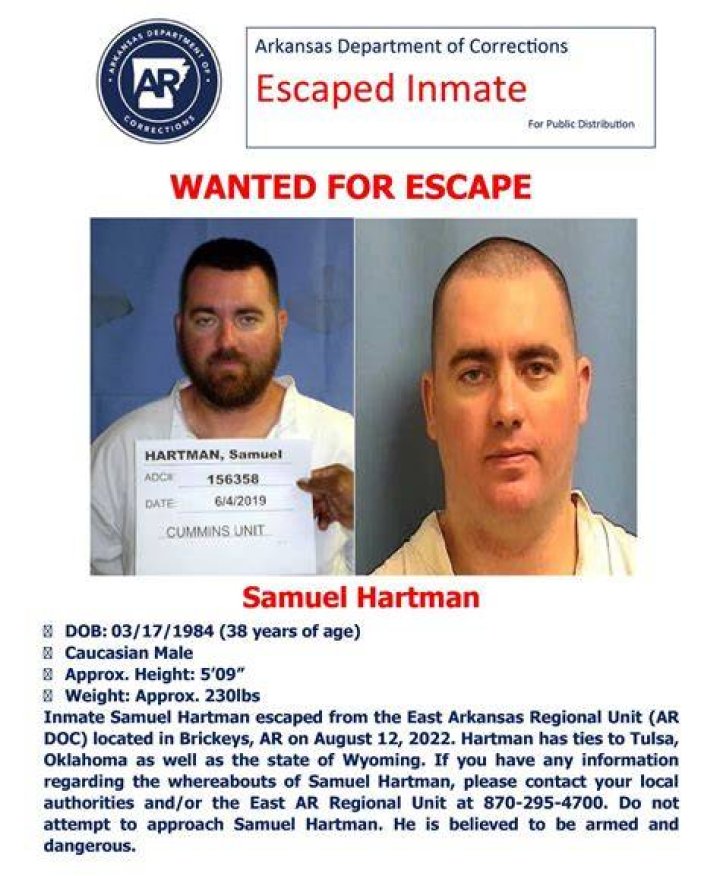 Samuel Hartman, 38, has escaped prison, where he had been serving a life sentence for rape charges