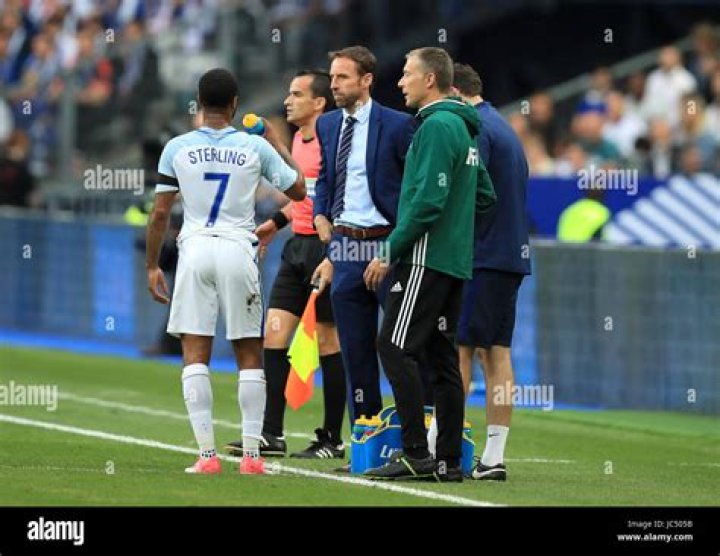 Southgate and Raheem Sterling during the Euro 2020 quarter-final match between Ukraine and England