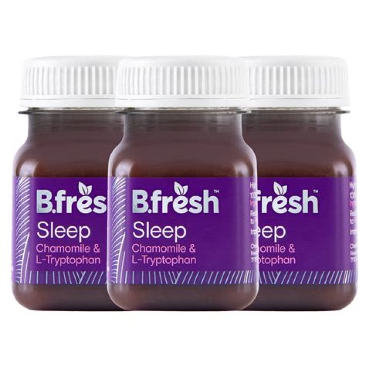 The B.fresh Sleep Shot contains tryptophan, the building block for serotonin, which reduces the time it takes to fall asleep