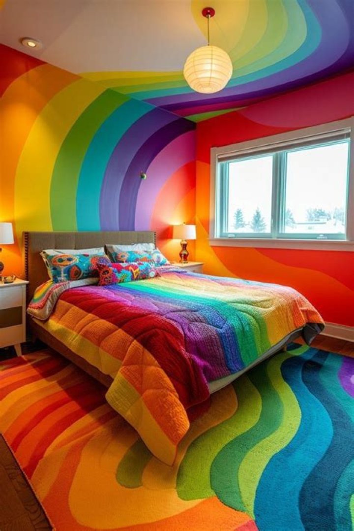 The bedroom has a rainbow theme