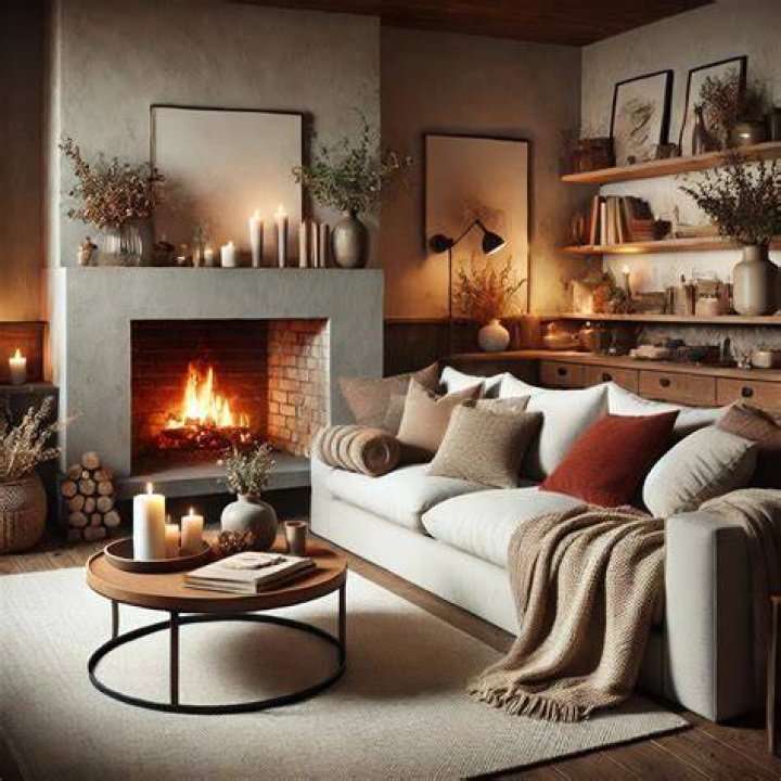The cozy living room features pop art and a grey corner sofa