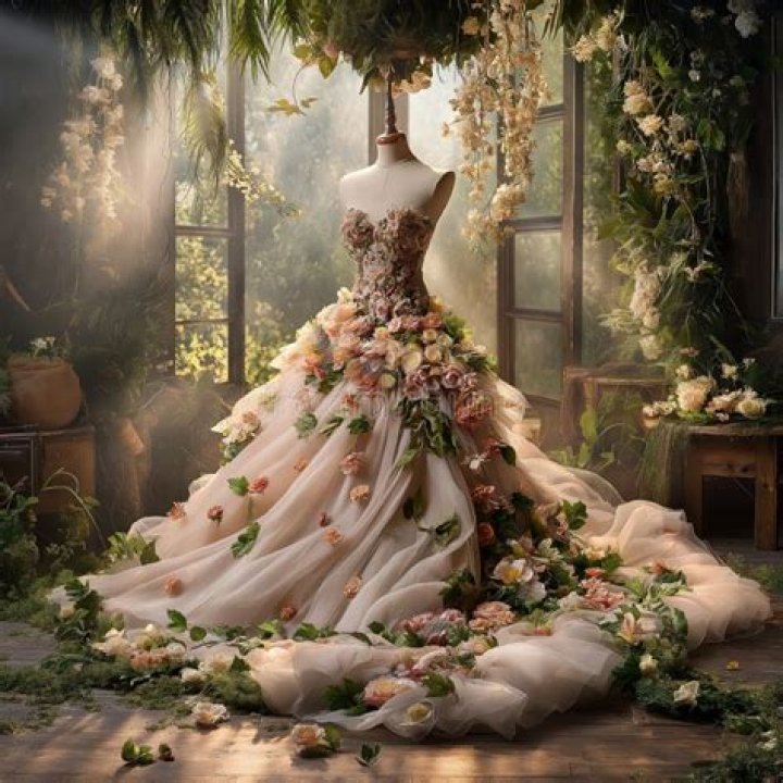 The gown was adorned with red, yellow, blue, and green flowers which featured fabric petals that were sown onto the print to create a more realistic appearance