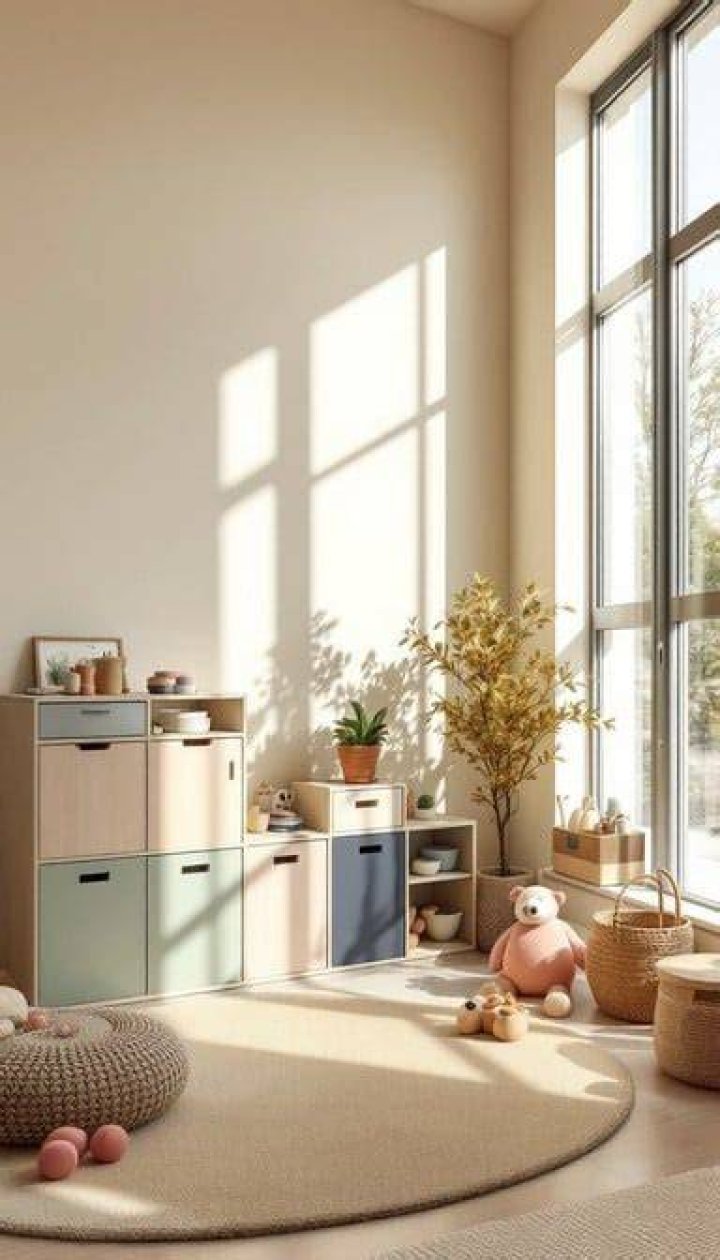 The playroom features cream walls and is filled with toys