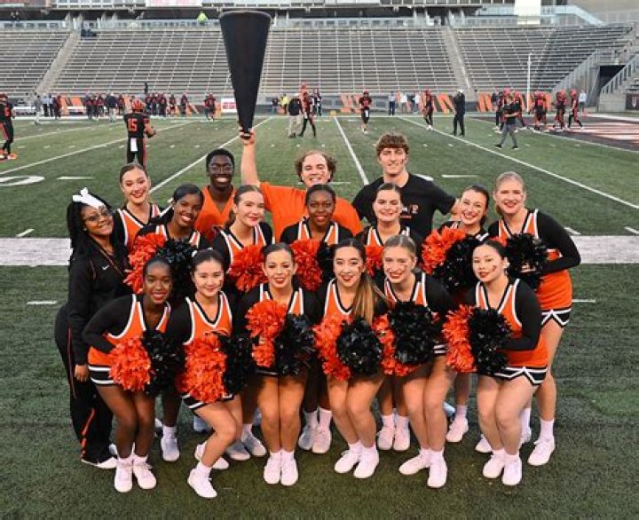 The Princeton University cheerleaders at a game between the Princeton Tigers and the Missouri Tigers in Sacramento, California, on March 18, 2023