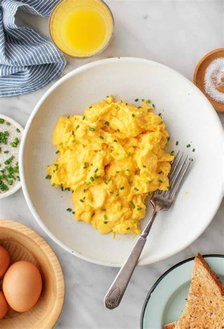 The scrambled eggs are made from liquid eggs in a carton