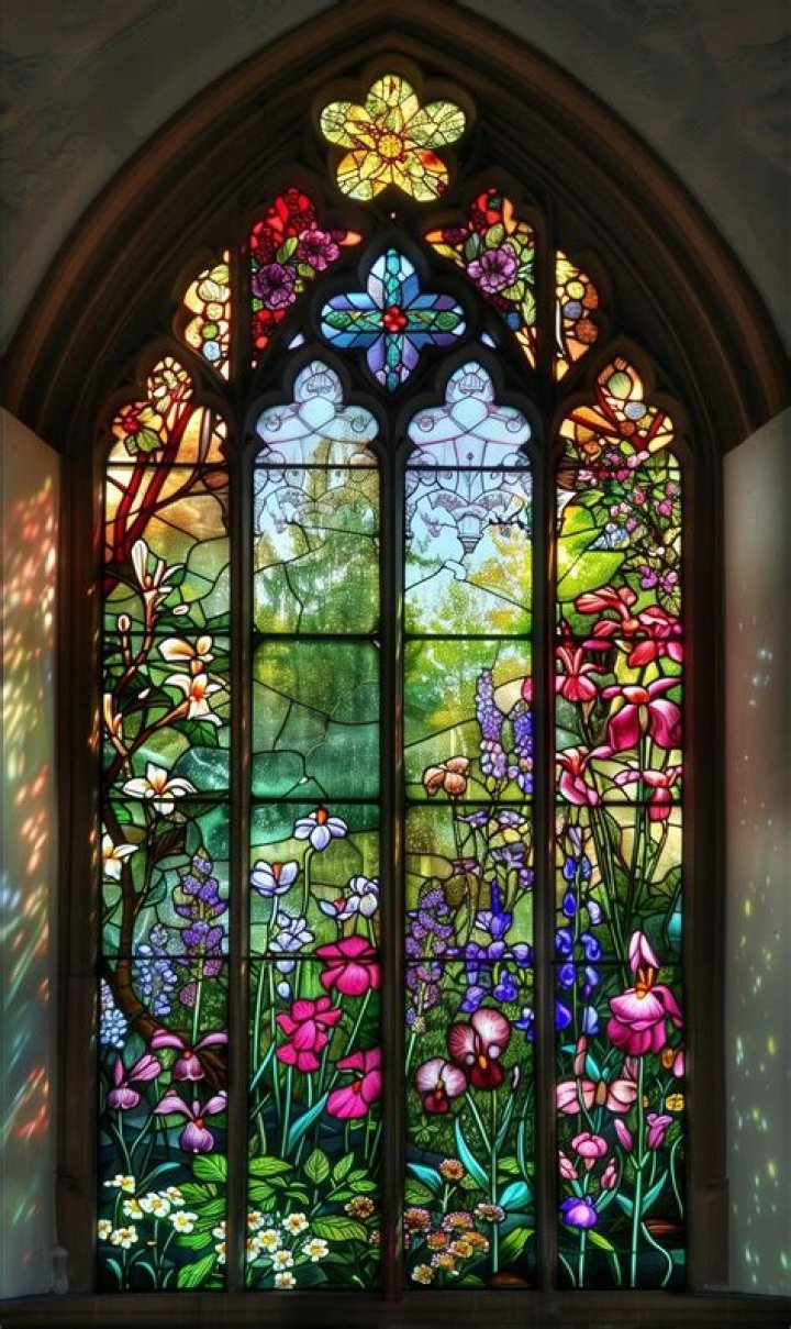 The stained-glass windows create fun shapes inside the home