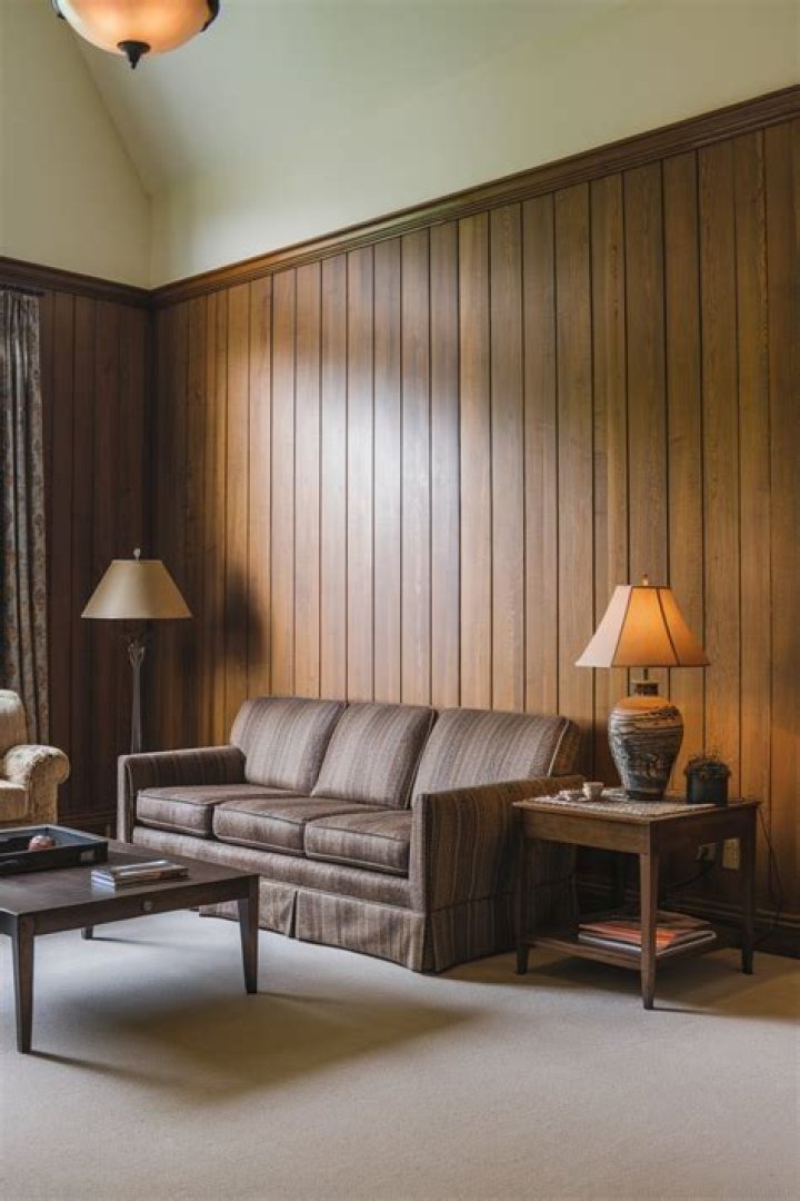 The wood panelled home has a modern metal roof