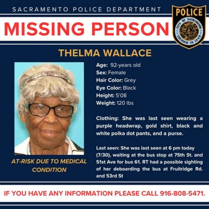  Thelma was last seen wearing grey pants and a black shirt