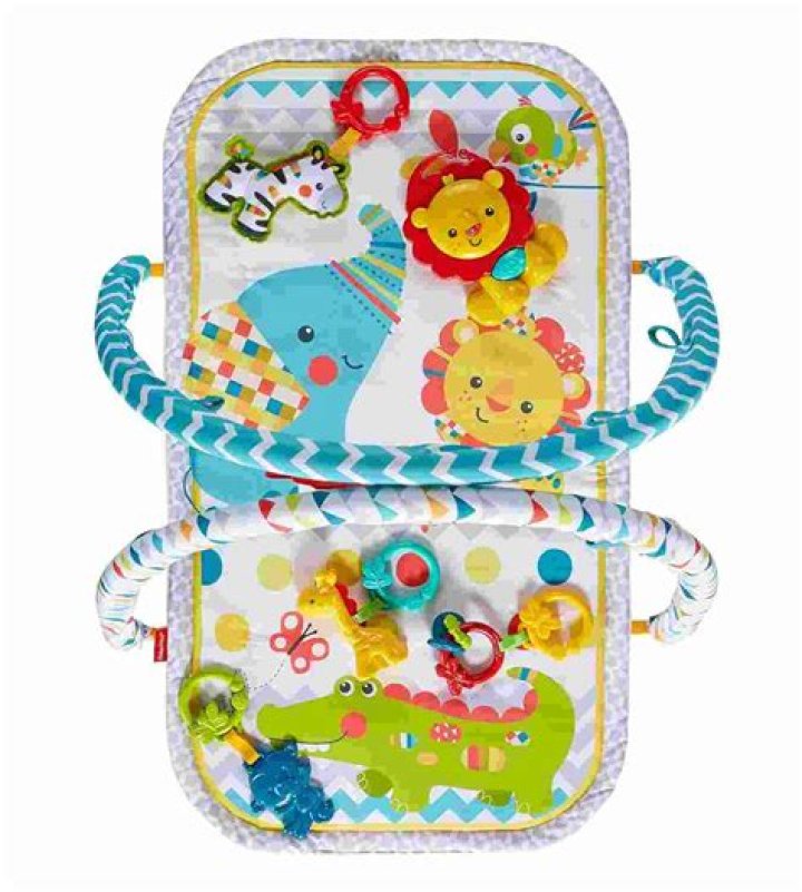 This colourful activity gym includes a tummy time bolster, mirror and four plush play pals